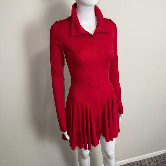 Commense Red Ribbed Knit Mini Dress Long Sleeve Polo Collar Fit and Flare Small - Picture 16 of 17